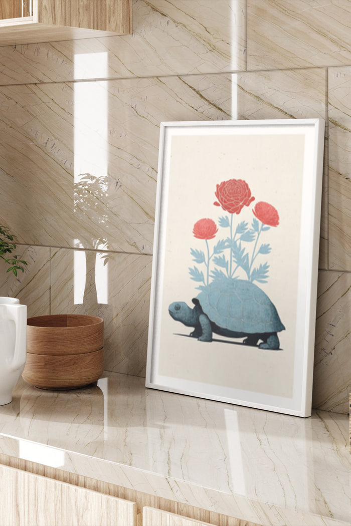 Stylish modern artwork of a turtle with flowers on its back displayed as home decor