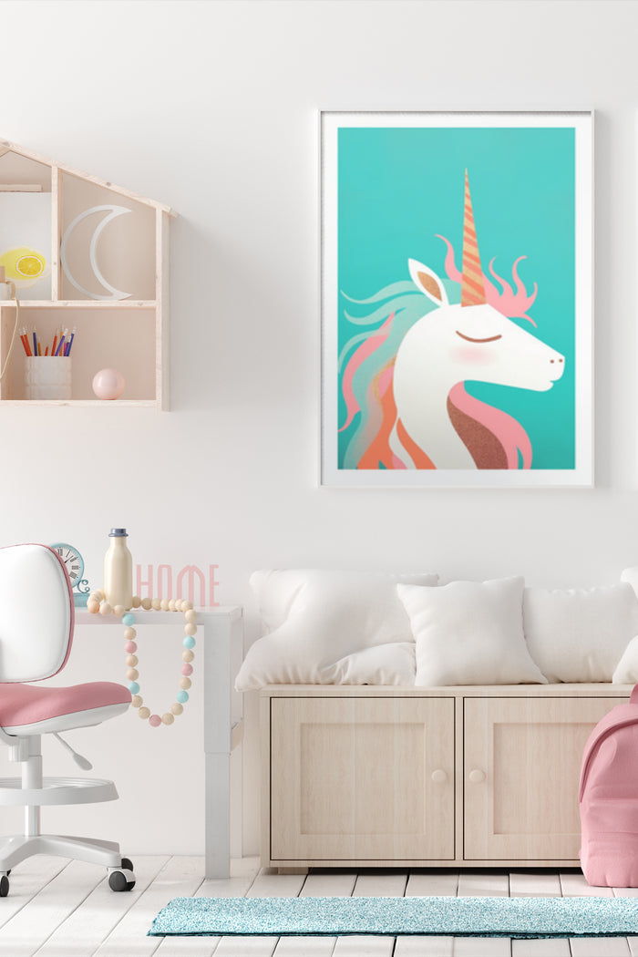 Stylish modern unicorn art poster with pastel colors displayed in a contemporary living room setting
