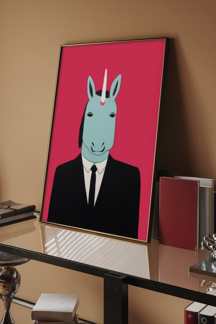 Modern pop art poster featuring a stylized unicorn in a suit with vibrant red background