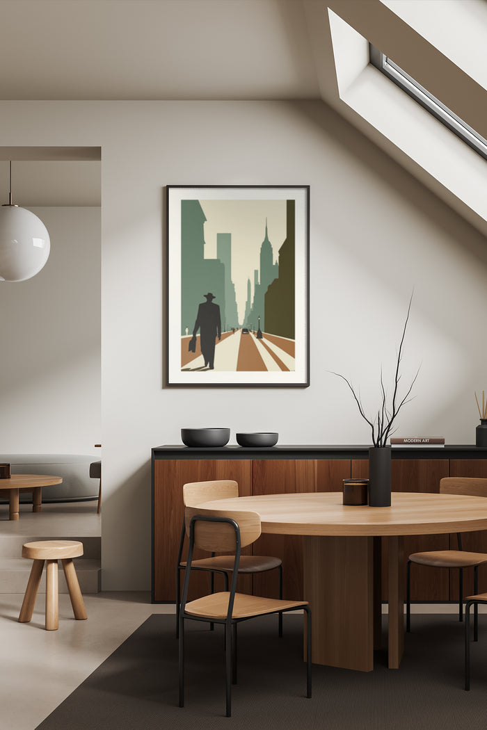 Modern urban artwork featuring a silhouetted figure and cityscape in a contemporary dining room setting