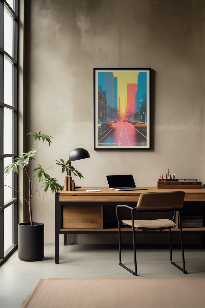 Colorful modern urban sunset poster framed on a wall above a wooden desk in a stylish home office