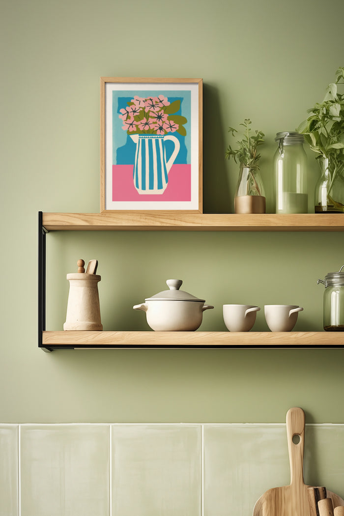 Contemporary striped vase with pink flowers artwork on kitchen shelf