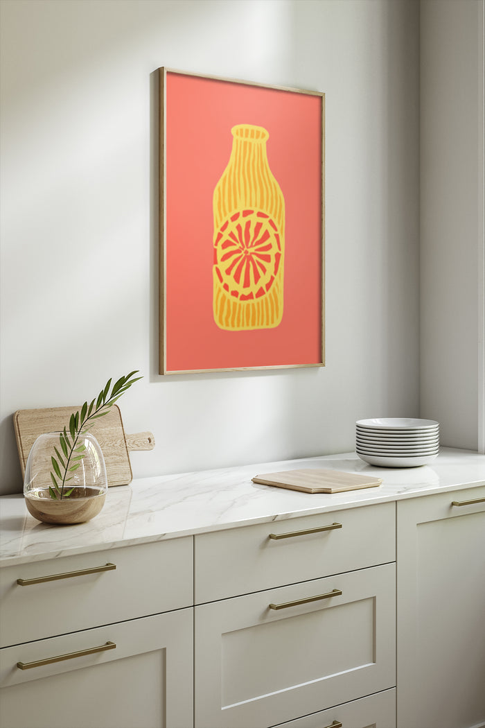 Contemporary red and yellow vase design poster framed on a kitchen wall