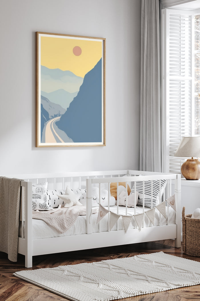 Modern vintage style poster of a mountainous road landscape at sunset displayed in a cozy nursery room
