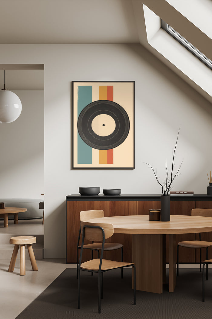 Modern vinyl record art poster in stylish dining space with wood furniture and minimalist decor