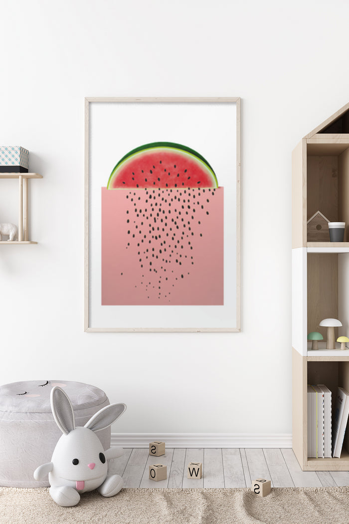 Stylish modern watermelon art poster hanging on a kid's room wall with cozy interior decor