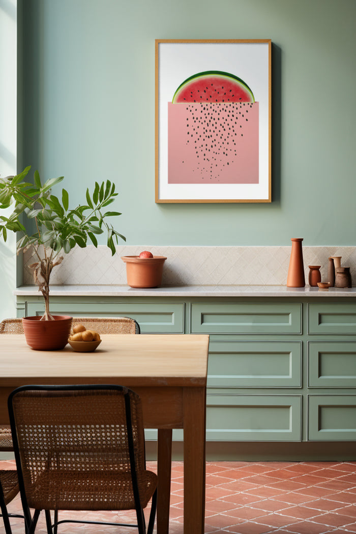 Contemporary watermelon slice art print on wall in stylish kitchen interior with green cabinets and terracotta accents