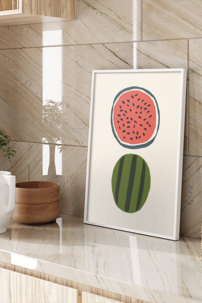 Modern minimalist watermelon illustration poster displayed in a contemporary home interior