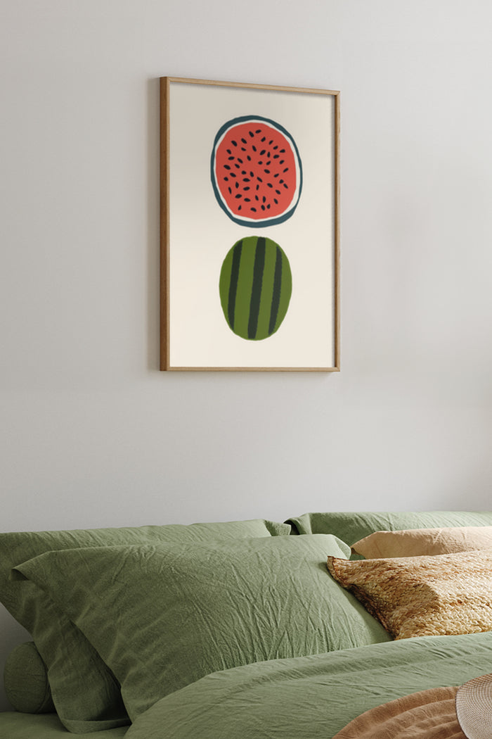 Modern stylized watermelon slice and circle artwork framed poster above bed in a bedroom interior