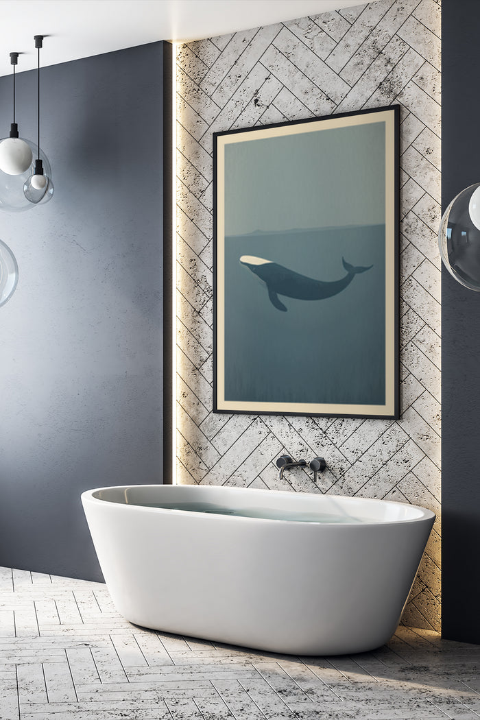 Stylish whale art poster framed on a wall above a bathtub in a contemporary bathroom design