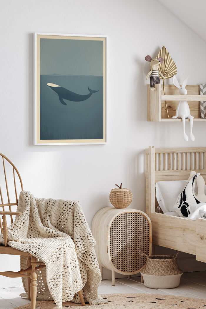 Minimalist whale illustration poster displayed in a stylish home interior design