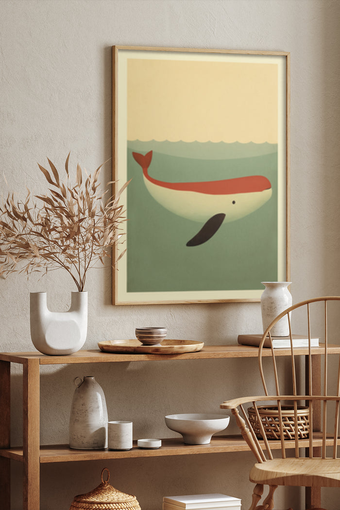Minimalist modern whale illustration poster in a stylish interior setting