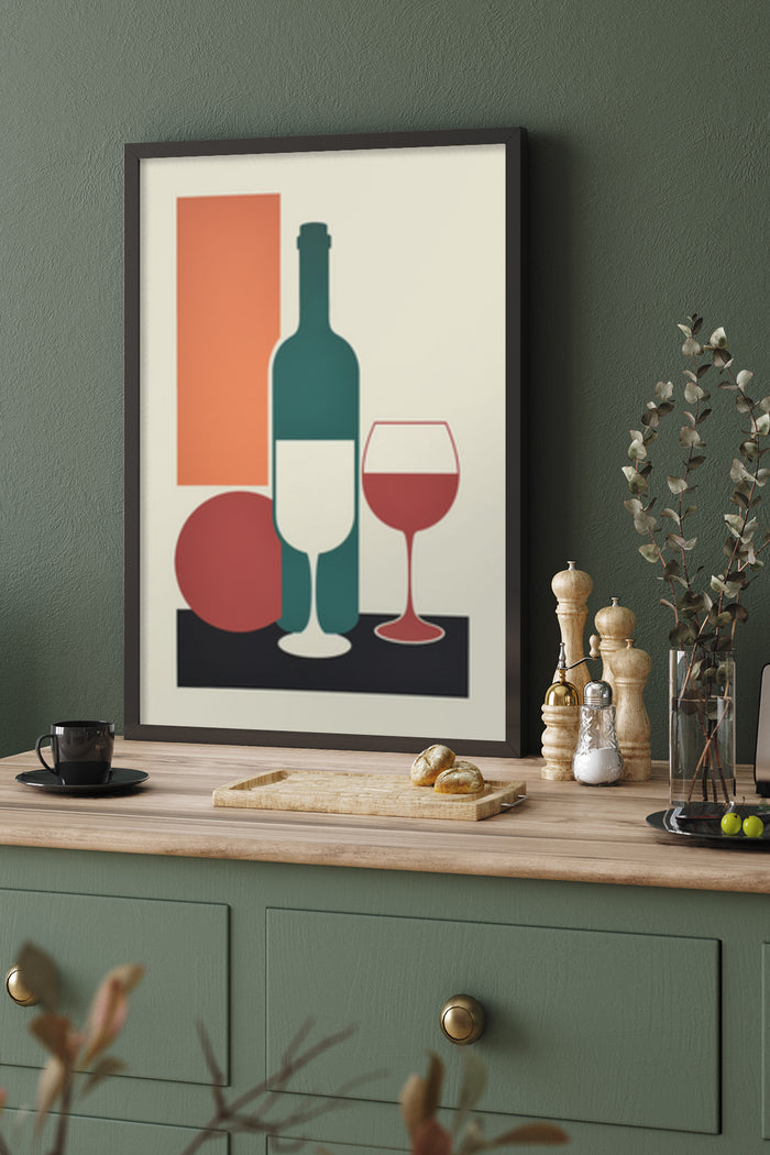 Modern Geometric Wine Bottle and Glasses Poster in Stylish Kitchen Setting