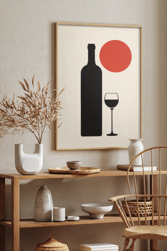 Contemporary wine bottle and glass poster with red circle accent framed in a stylish dining room setting