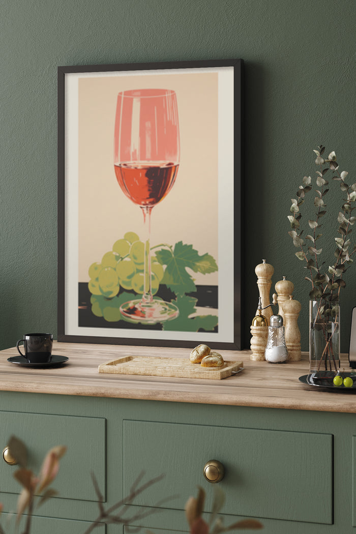 Modern Wine Glass and Grapes Poster Art in Stylish Interior