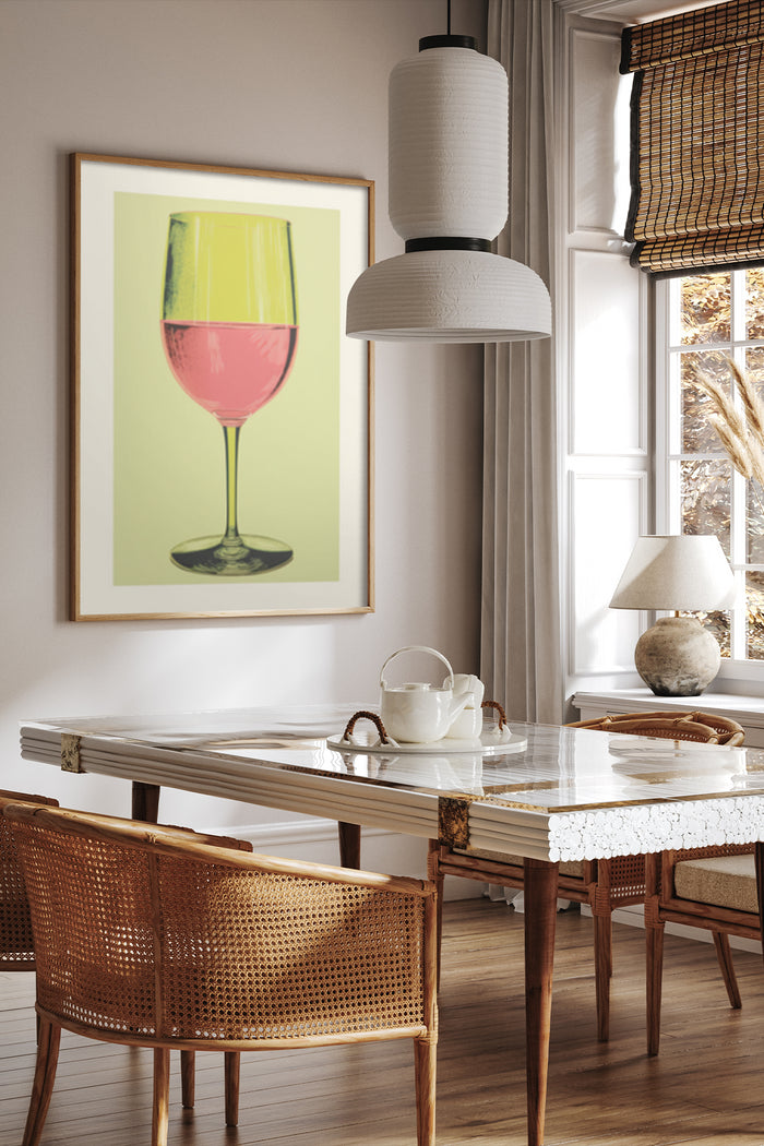 Contemporary dining room with framed poster of stylized wine glass artwork