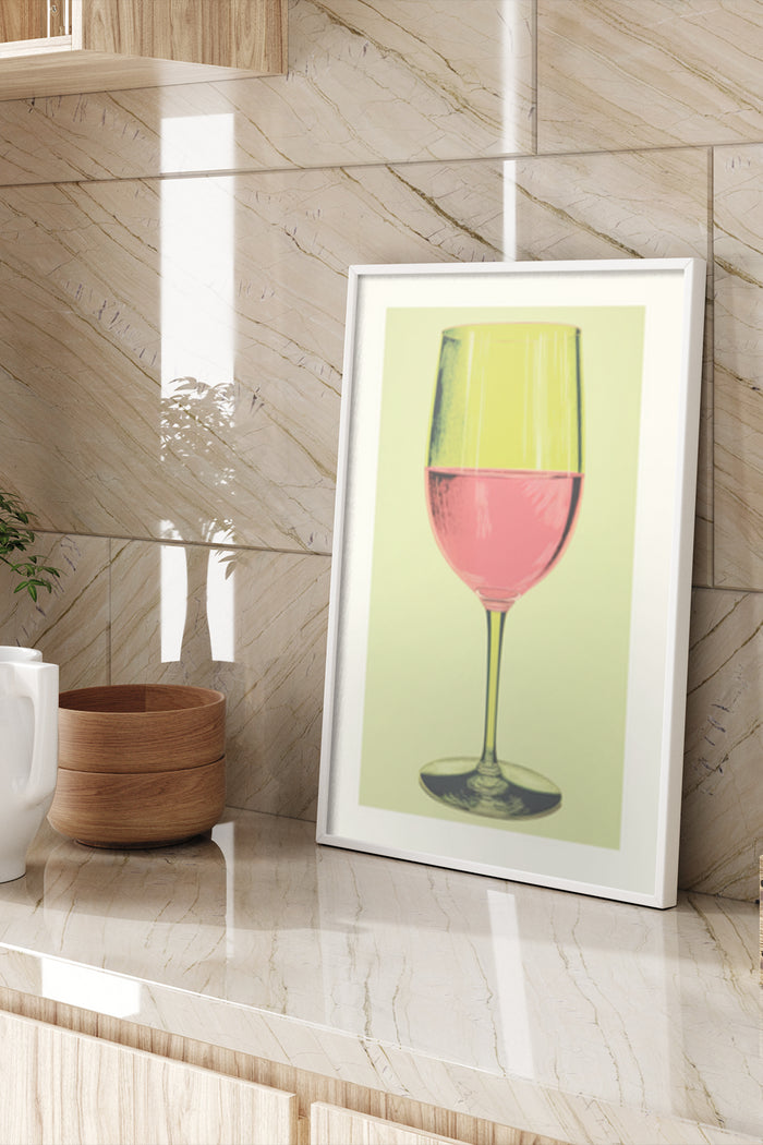 Modern artistic poster of a wine glass with yellow and red colors displayed in an interior setting