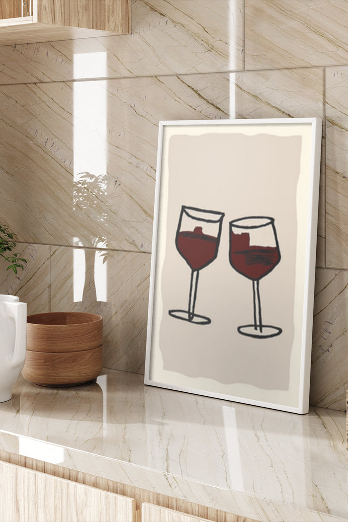 Contemporary poster featuring two wine glasses with red wine, displayed in a stylish interior setting