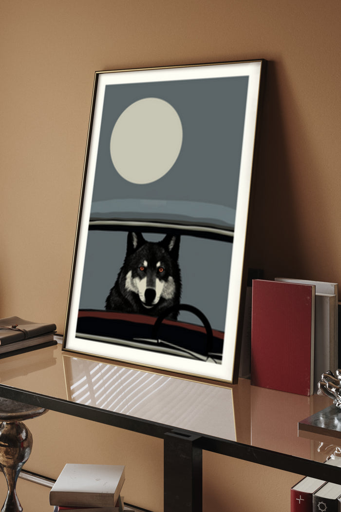 Stylish modern artwork featuring a wolf in moonlight suitable for contemporary interior design