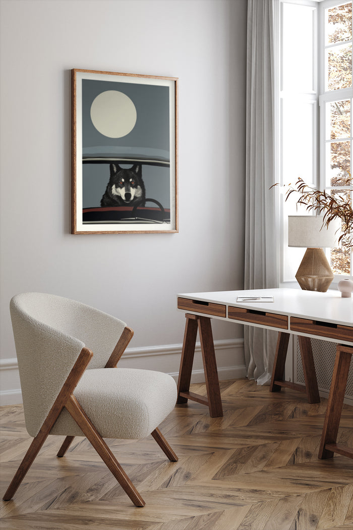 Modern minimalist wolf graphic poster under full moon in stylish room with wooden furniture