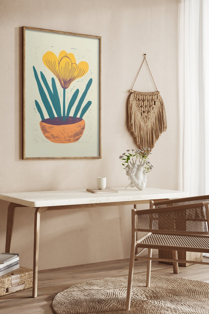 Modern yellow flower pot artwork hanging on the wall with bohemian style decor