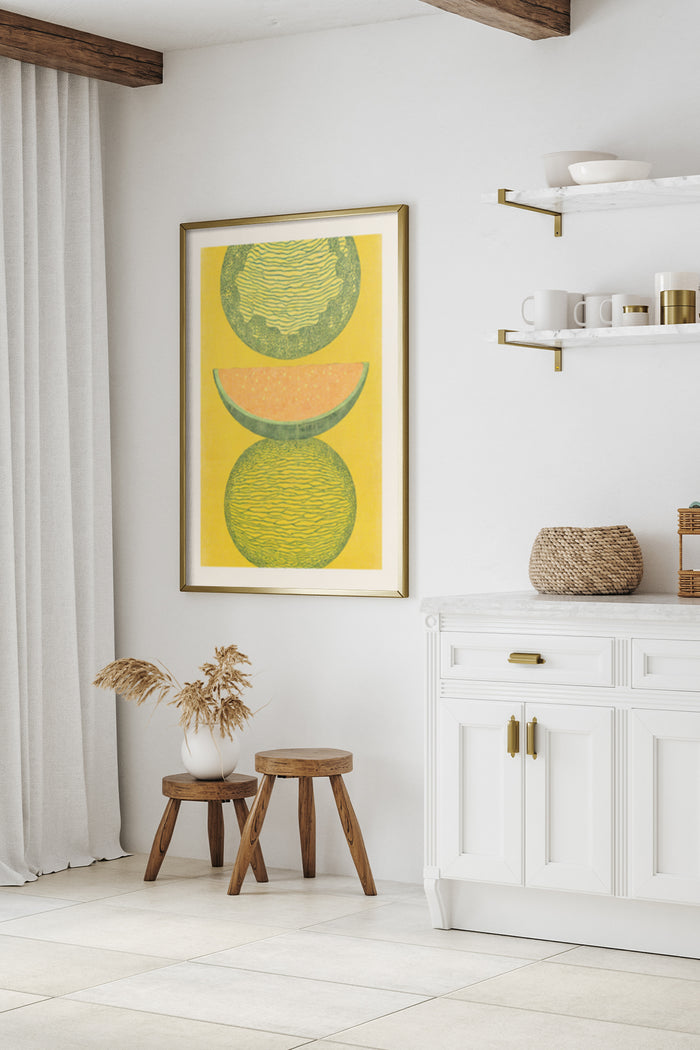 Modern abstract yellow melon art poster displayed in a stylish home interior