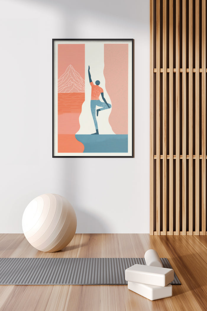 Contemporary yoga poster featuring a stylized figure in a yoga pose with a mountain landscape background
