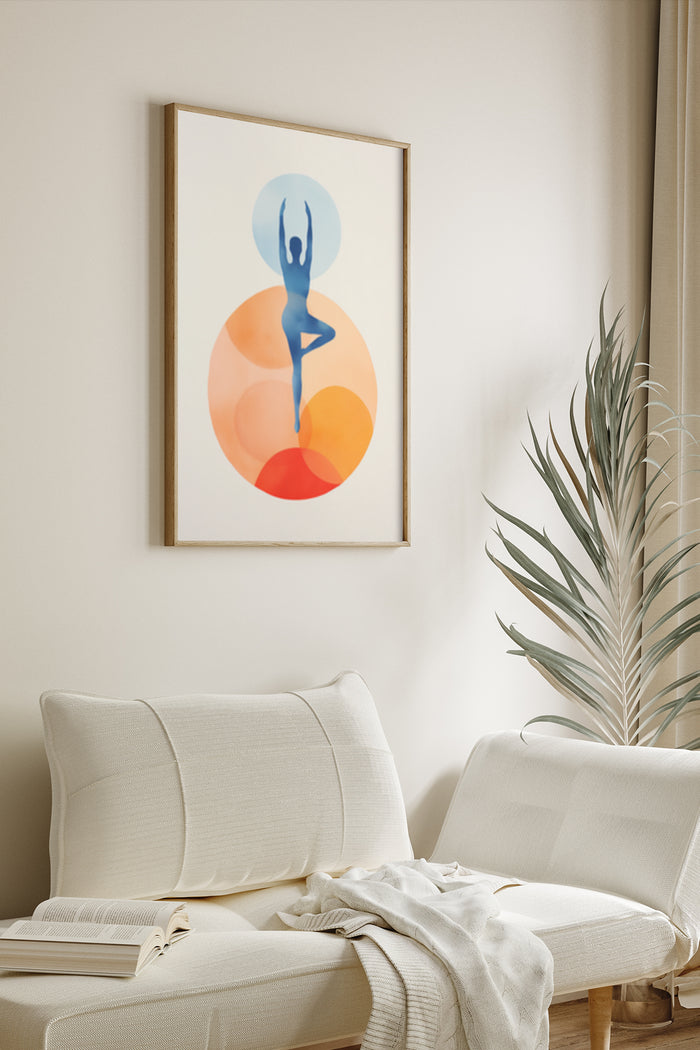 Contemporary yoga silhouette poster with abstract geometric shapes, displayed in a chic living room setting