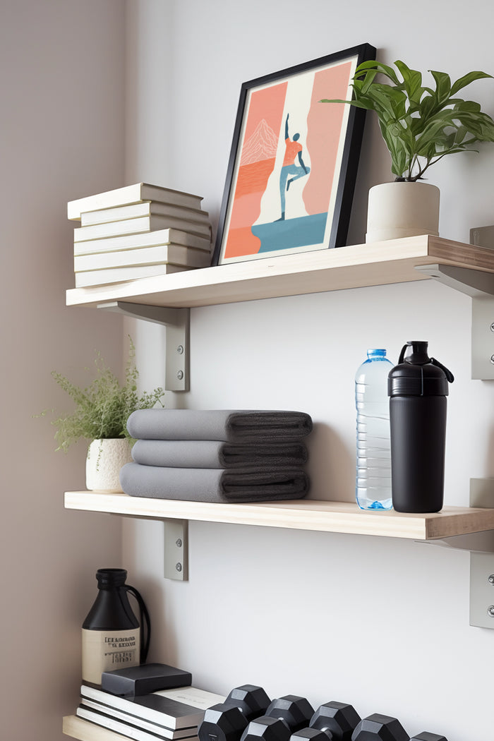 Modern yoga poster with a silhouette of a person posing against a stylized mountain backdrop, displayed on a home interior shelf