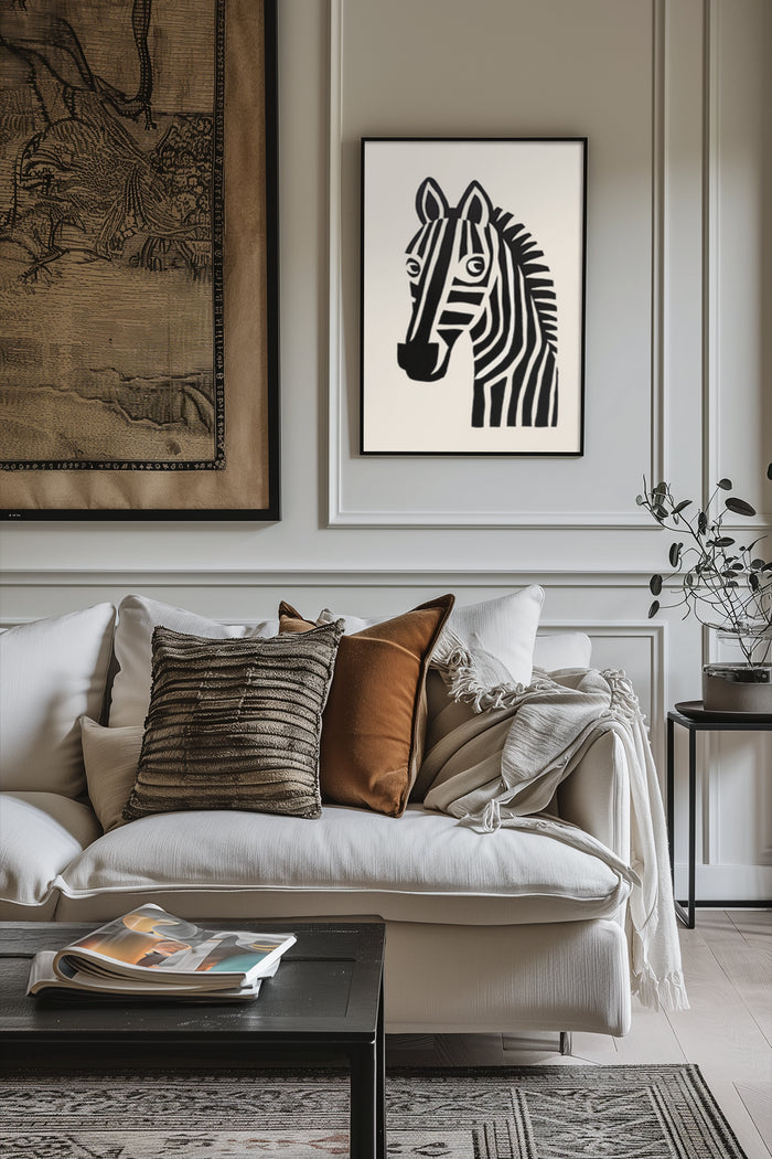 Stylish living room interior with modern zebra artwork hanging on the wall above a comfortable sofa with decorative pillows