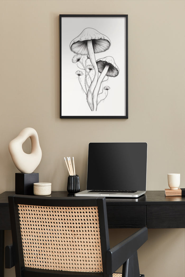 Elegant monochrome mushroom framed artwork above a modern home office desk