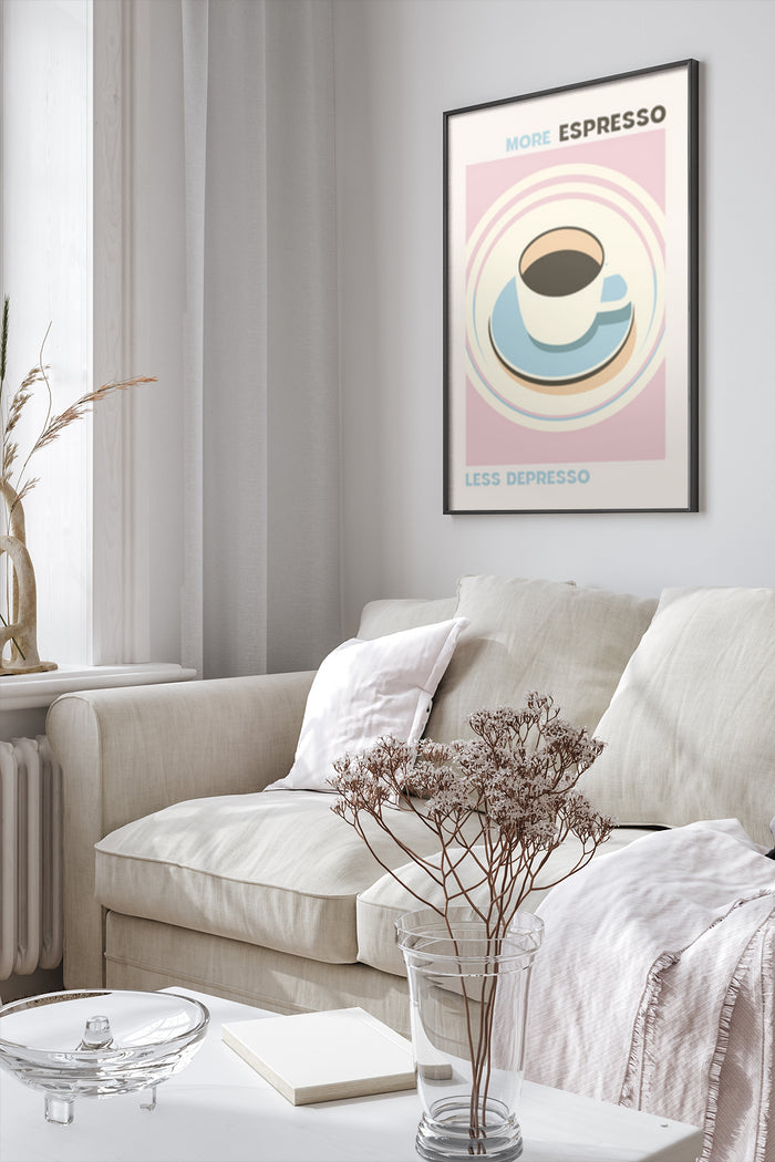 Modern living room interior with 'More Espresso Less Depresso' motivational coffee poster art on wall