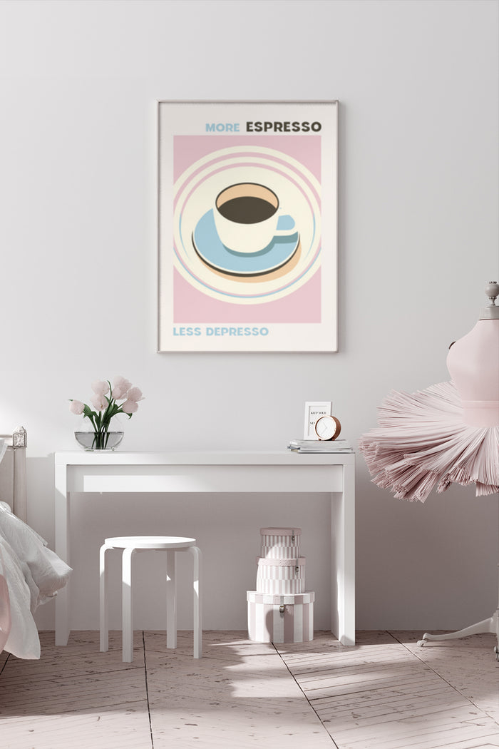 Minimalist coffee poster with the phrase 'More Espresso Less Depresso' in stylish font