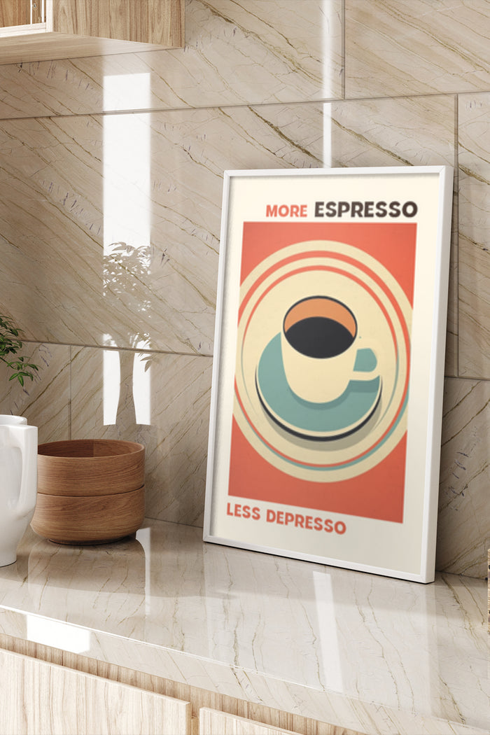 Inspirational coffee poster with the slogan 'More Espresso Less Depresso' on kitchen wall