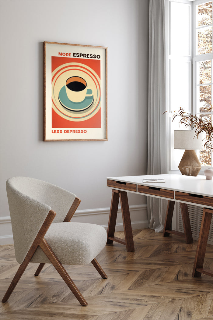 Modern home decor featuring 'More Espresso Less Depresso' coffee poster in stylish interior