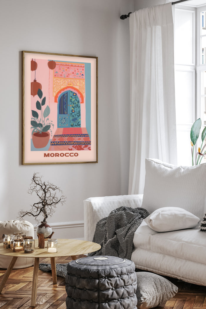 Morocco inspired travel poster with traditional doorway design, hanging in a stylish interior