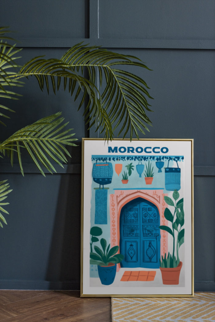 Stylish Morocco travel poster with traditional door and potted plants interior decor