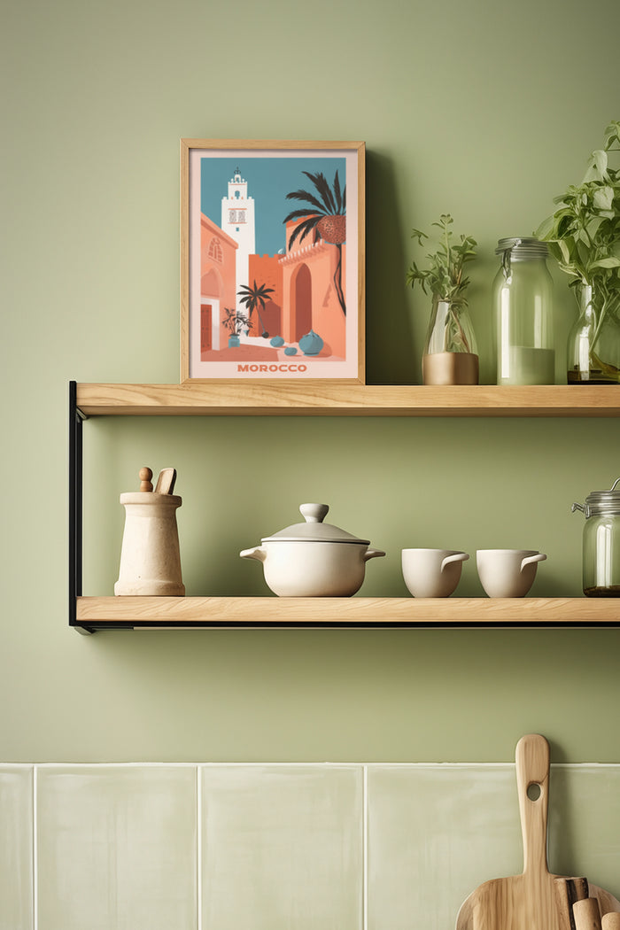 Vintage style Morocco travel poster framed on a wall with decorative kitchen items on shelves