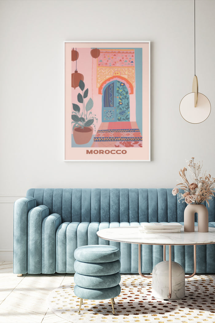 Stylish Morocco travel poster featuring traditional Moroccan door design, hanging lanterns and potted plant