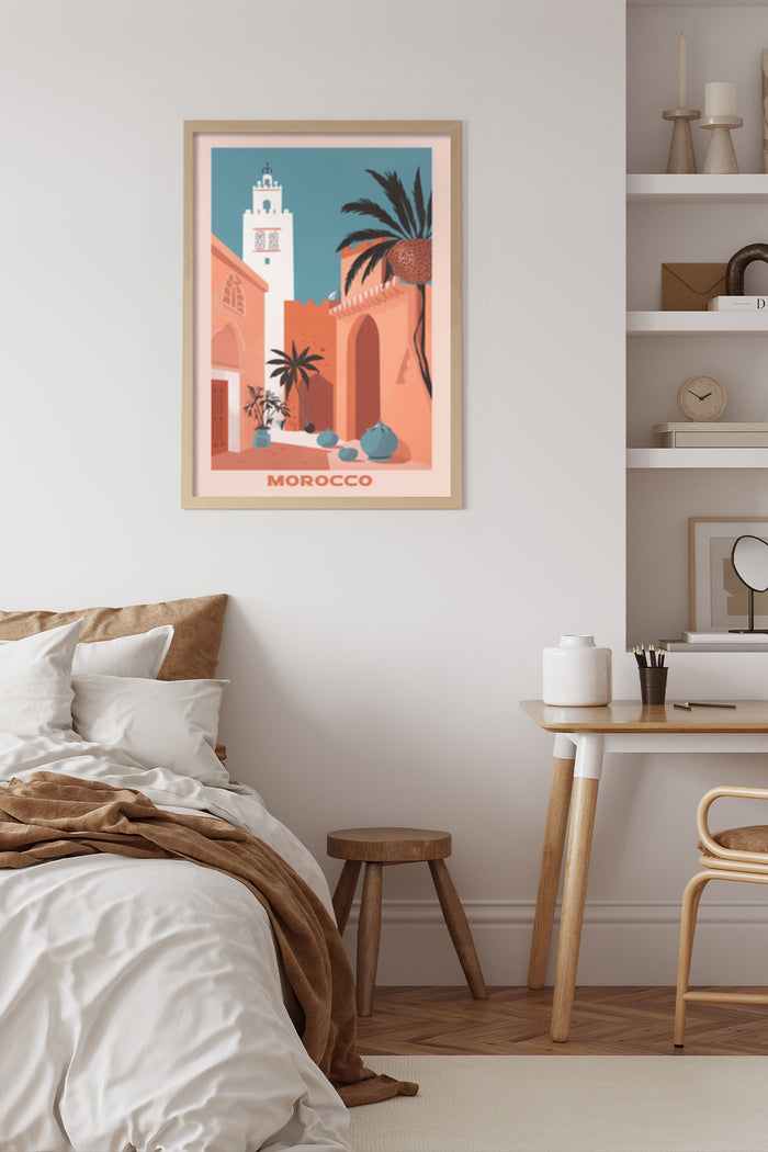 Vintage style Morocco travel poster with palm trees and architecture illustrated in a bedroom setting