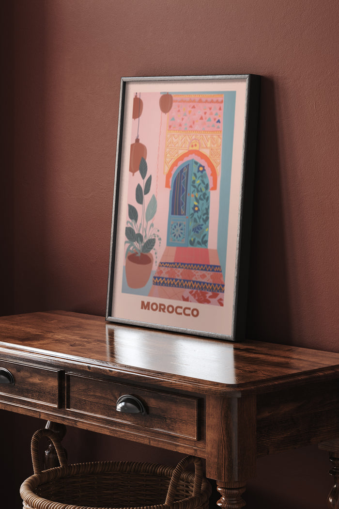 Morocco travel poster featuring traditional door and plant in interior setting