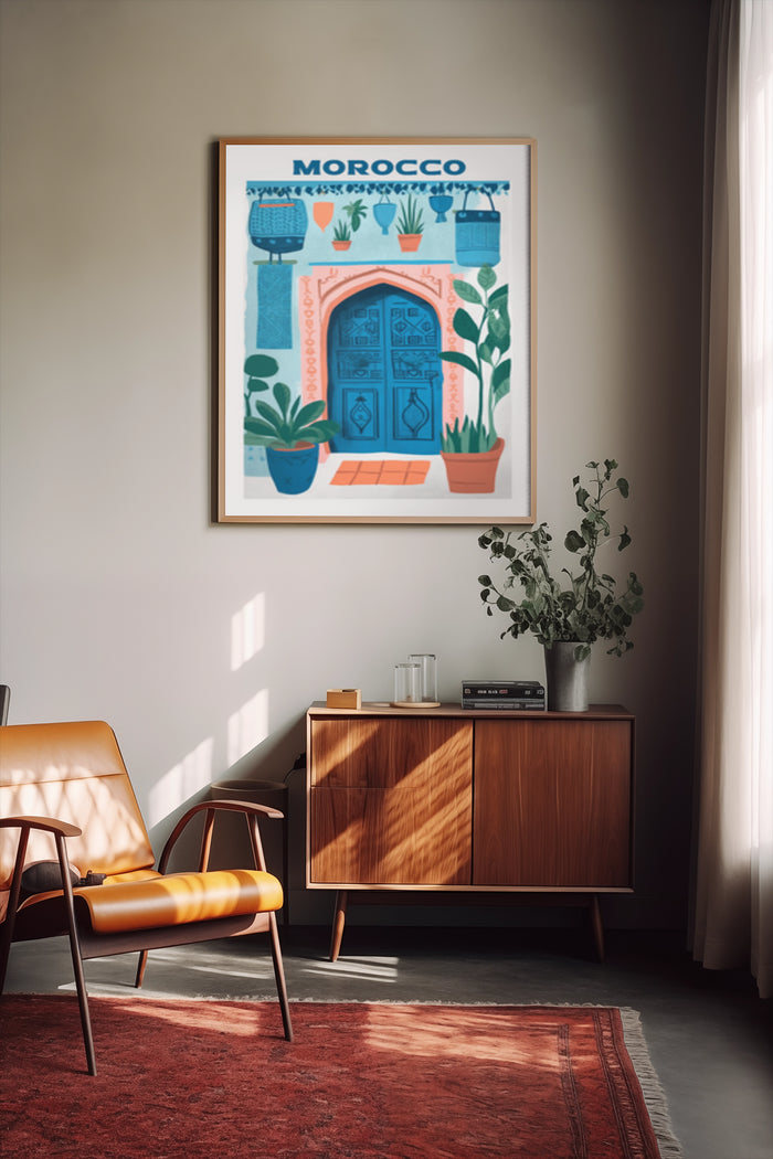 Morocco themed travel poster with blue door and plant illustrations in a stylish living room