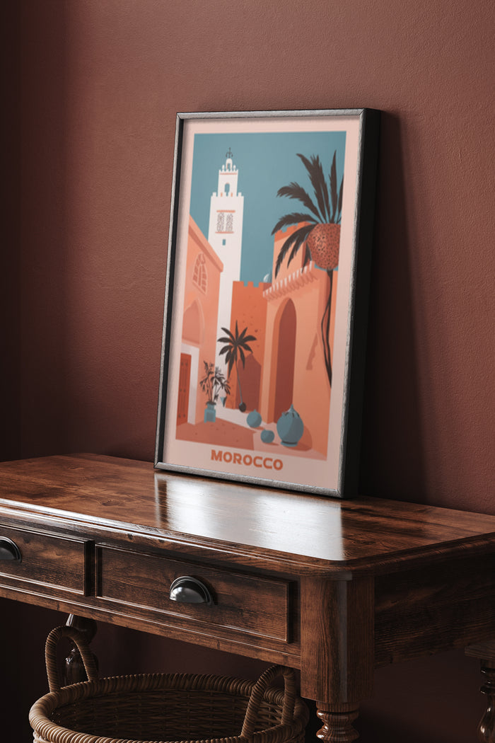 Stylized Morocco travel poster with illustrations of architecture, palm trees, and lanterns