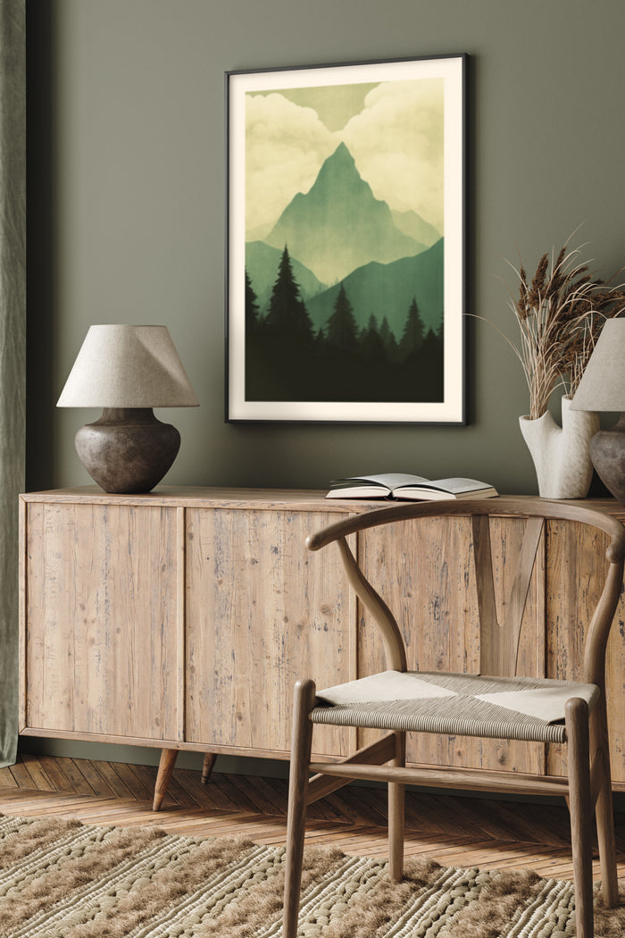 Stylish interior with mountain landscape framed poster on wall