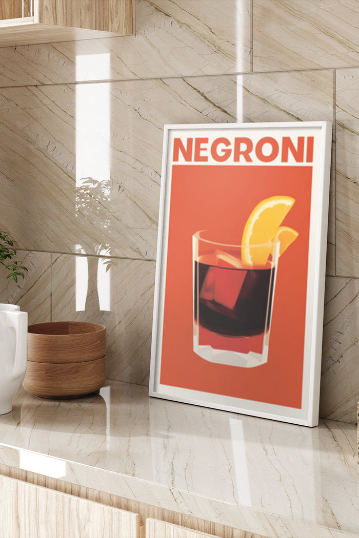Negroni cocktail advertisement poster with orange slice garnish in modern kitchen