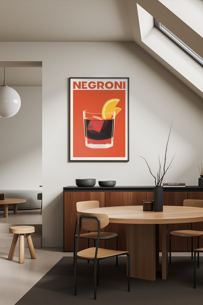 Negroni cocktail poster in a stylish modern home dining room