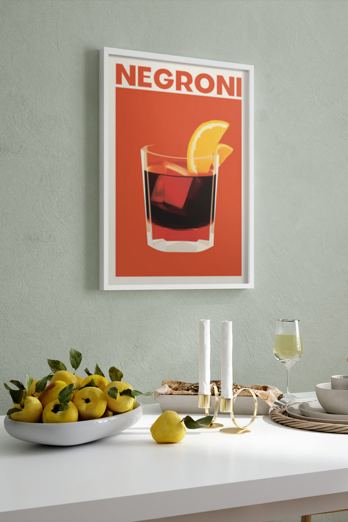 Negroni cocktail poster with orange accent in a modern kitchen setting