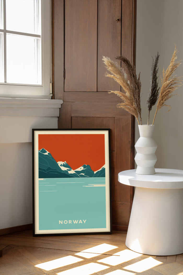Norway minimalist travel poster design with snow-capped mountains and lake displayed in a contemporary room setting