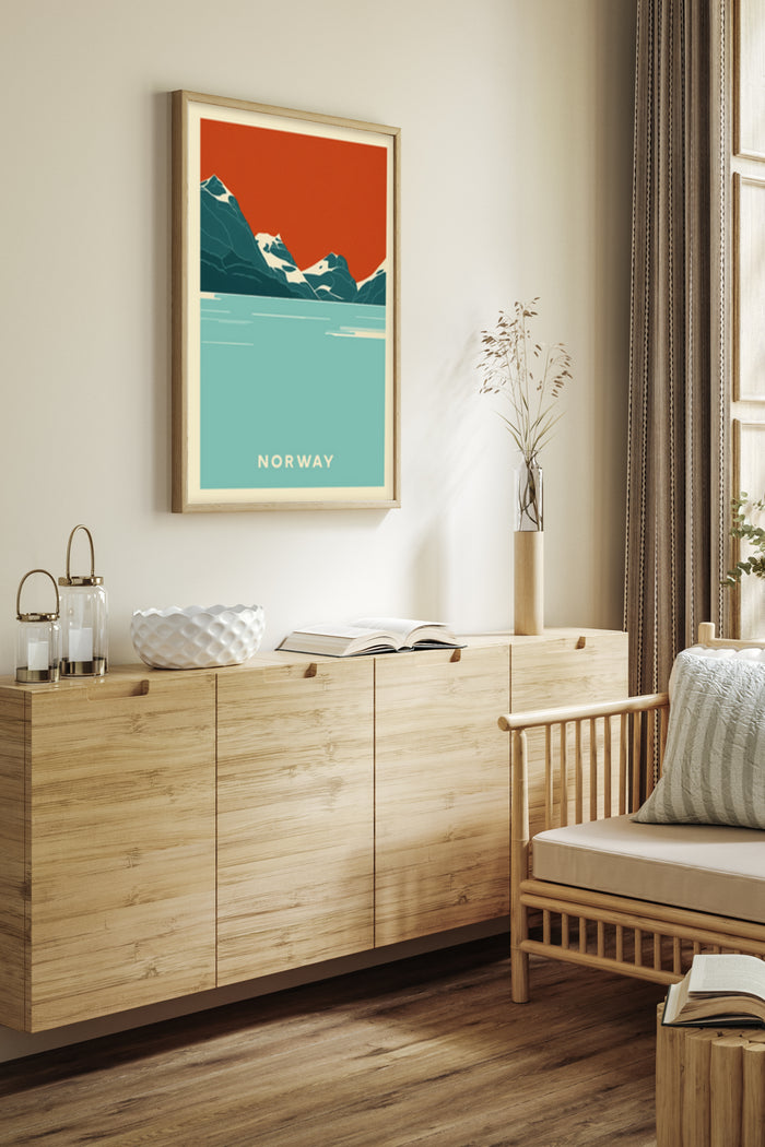 Modern Norway travel poster in a stylish interior setting