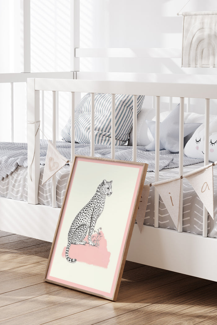 Nursery room with a framed poster of a cheetah and cub illustration